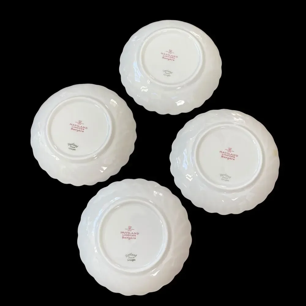 Haviland Limoges Bergere Berry Bowl Set 4 Dessert Dish Blue Flowers Gold Verge